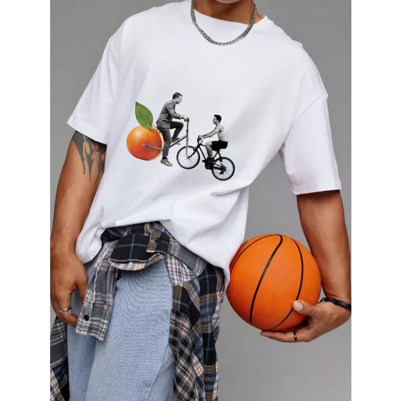 Pánské tričko s kulatým výstřihem bílé oranžové kolo cyklistika grafický potisk ležérní oblečení streetwear módní top pro každodenní nošení a outdoorové aktivity