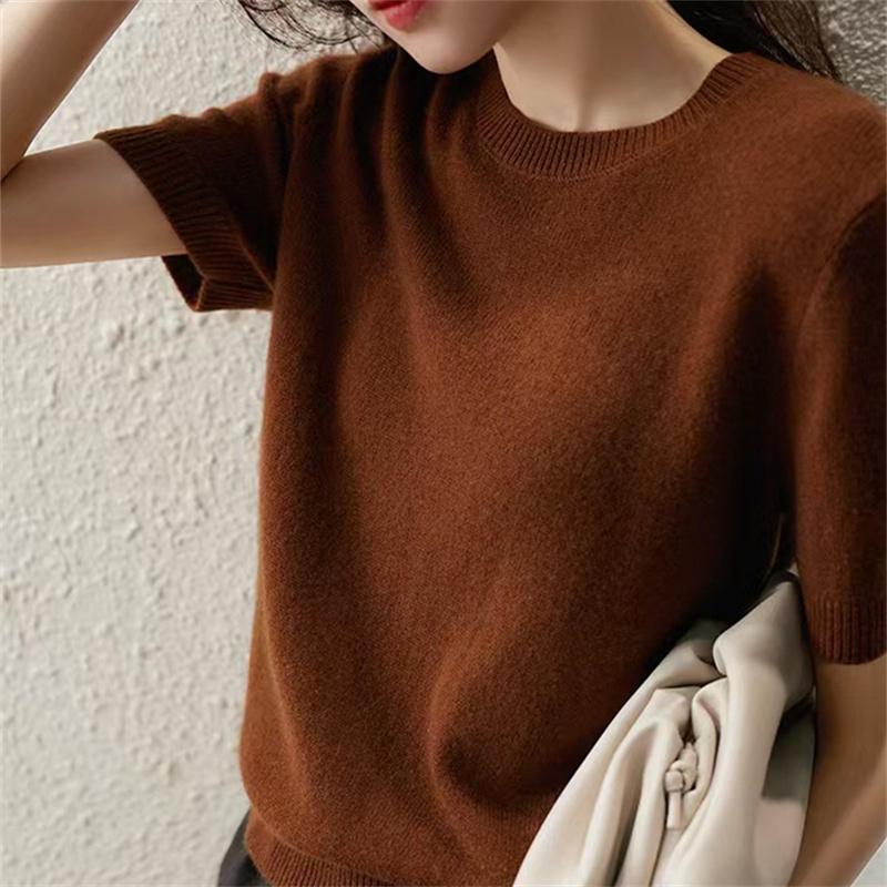 2022 Spring Summer Fashion Simple Pullover Elegant Fashion O-Neck Solid Knitted Sweater Women Short Sleeve Casual Loose Tops