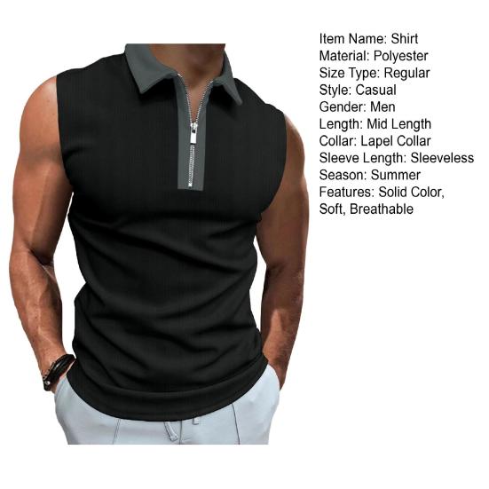 Men Summer Shirt Turn-down Collar Zipper Sleeveless Solid Color Patch Pocket Breathable Pullover Slim Fit Mid Length Casual Daily Top