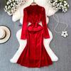 Autumn Winter Luxury Pearls Necklace Velvet Mermaid Dress Women's Stand Long Sleeve Sparkling Sequins Split Wedding Party Robe