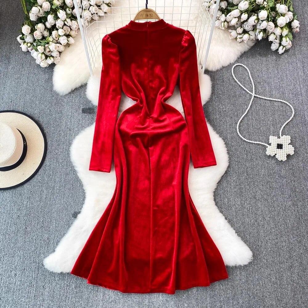 Autumn Winter Luxury Pearls Necklace Velvet Mermaid Dress Women's Stand Long Sleeve Sparkling Sequins Split Wedding Party Robe