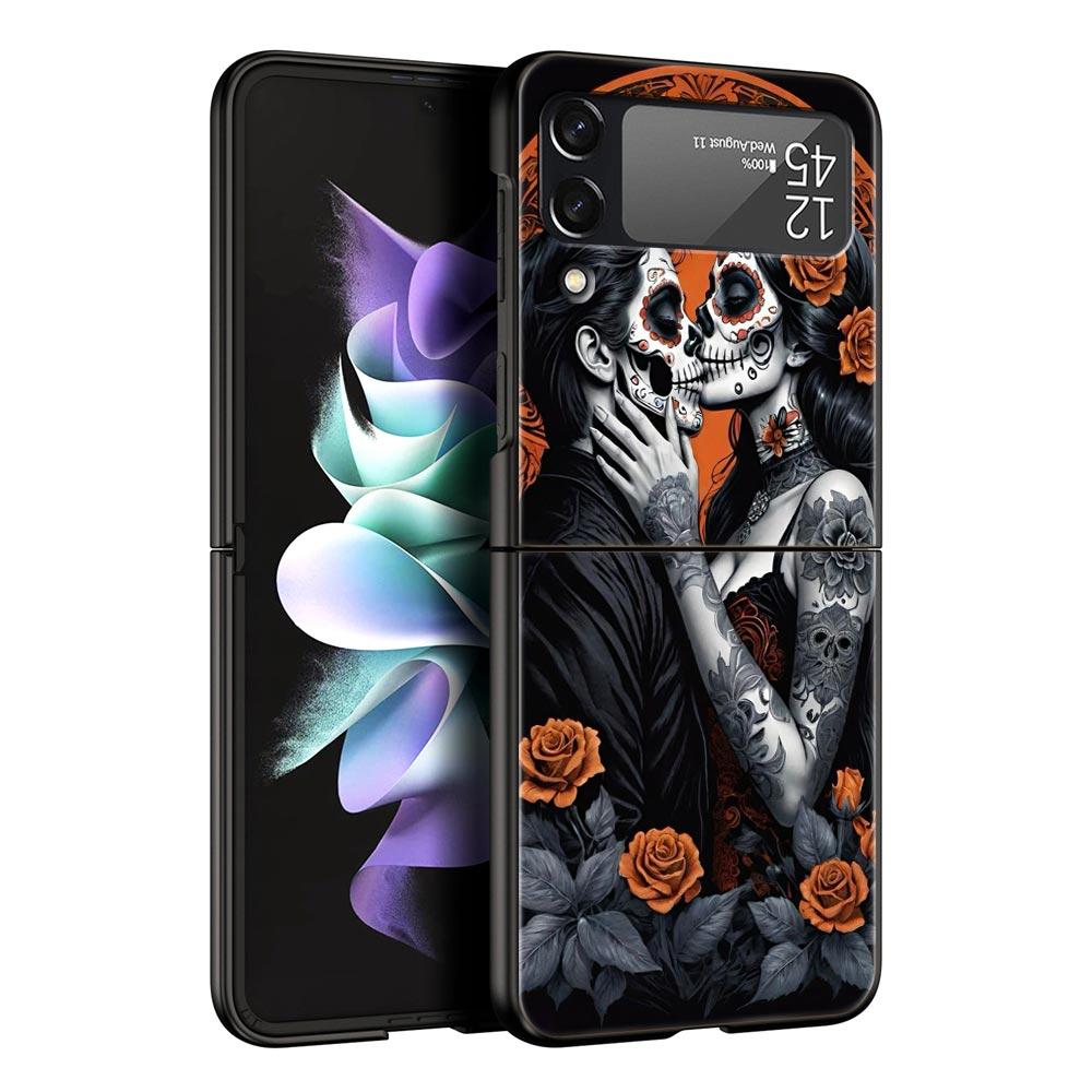 Hard PC Phone Case For Samsung Galaxy Z Flip 7 6 5 4 Black Cover For Galaxy Z Flip 3 Foldable Shockproof Skeleton Love Skull Bag