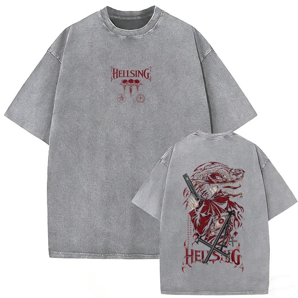 Washed Vintage Anime Hellsing Yumie Takagi Graphic Tshirt Vampire Alucard Merch Tshirts Mens Gothic Manga Oversized T Shirts