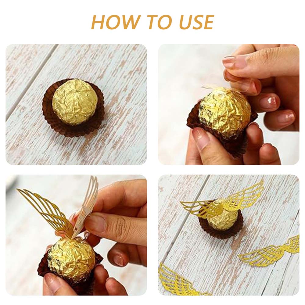103 Pcs Wizard Party Chocolate Decoration, with 3 PCS Gold Goal Posts, 50Pcs Golden Snitch Wings Chocolate Wafer Cupcake Toppers with 50Pcs Glue Point