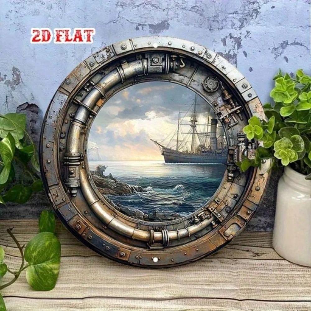 Vintage Metal Porthole Sailboat Wall Art Decor