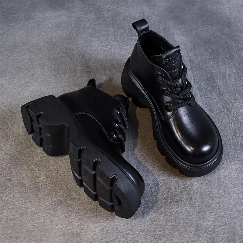 Leather high-top women's shoes spring and autumn new thick-soled heightening fashion lace-up short boots British retro style and ankle boots