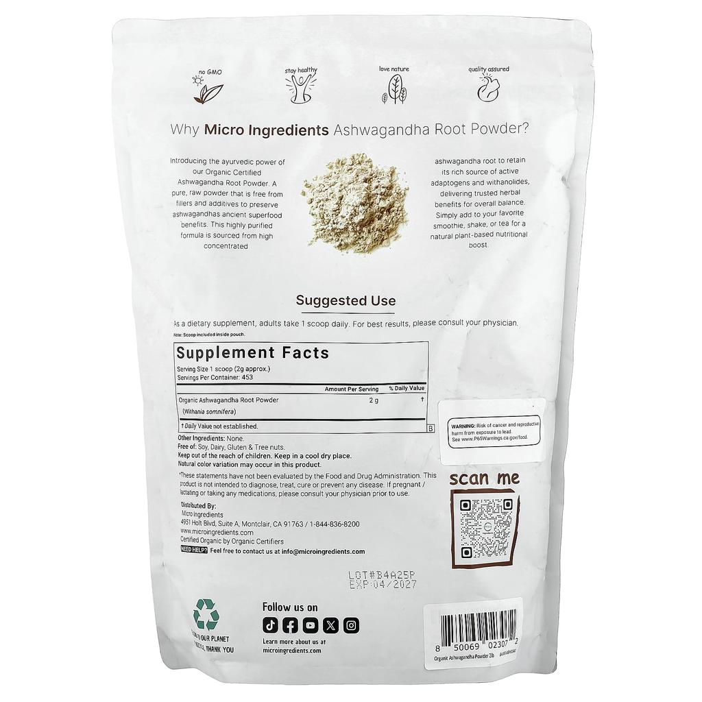 Micro Ingredients Bio-Ashwagandha-Wurzelpulver, 2 Pfund (907 g)