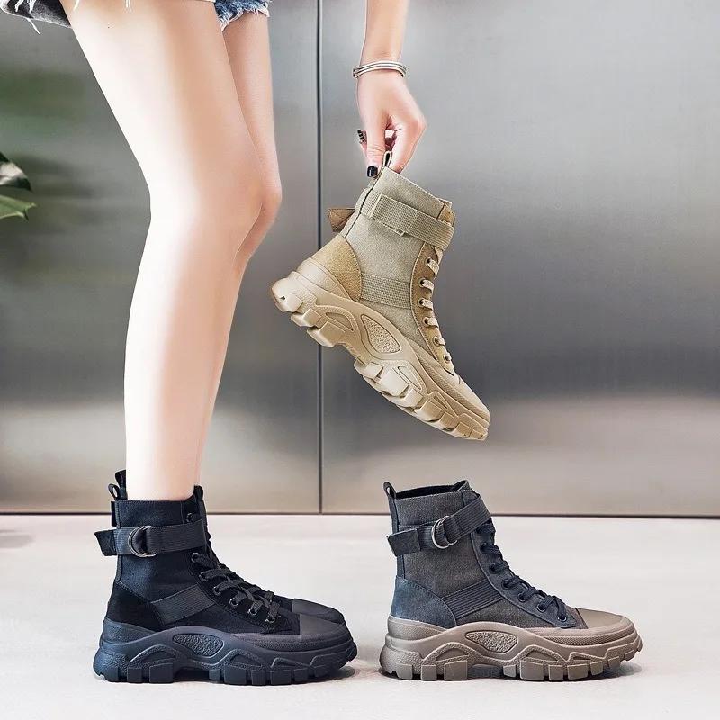 Fashion High Quality Canvas Motorcycle Punk Women Ankle Boots Spring Autumen Outdoor Sports Platform Boots Winter Chunky Booties Shoes