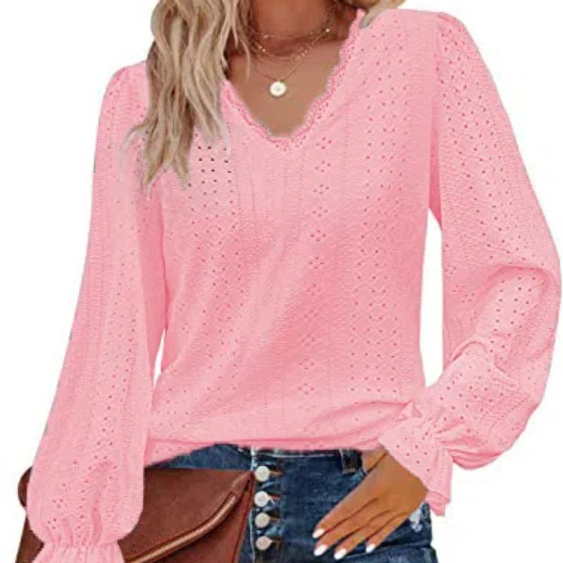 Women's Lace V Neck Puff Long Sleeve Eyelet Tops Dressy Business Casual Work Shirts Blouses Crochet Hollow Out Blouse Lace Pullover Top S-XXL