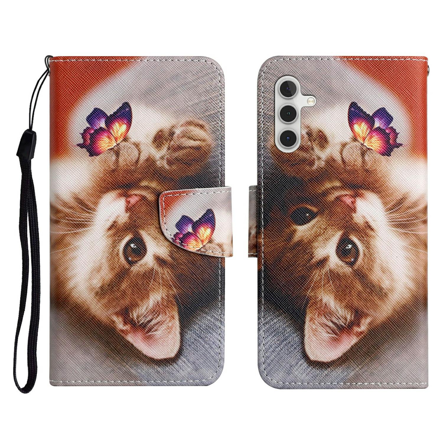 

Для Samsung Galaxy A17 5G Чохол з друком візерунка Захисний шкіряний чохол-книжка для телефону з ремінцем на зап ястя Butterfly Cat