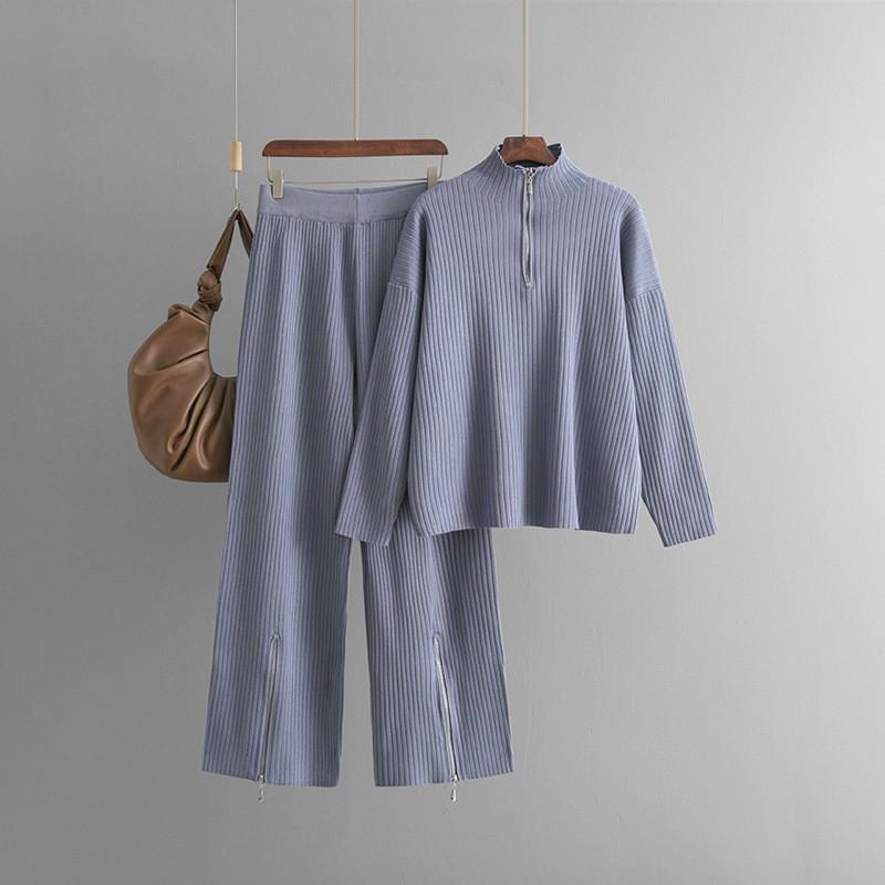 

Теплый зимний свитер с высоким воротом, ребристый, однотонный, на молнии, с широкими штанами, комплект из 2 предметов для отдыха для женщин на осень 2024 года, мягкий, уютный наряд One Size синий