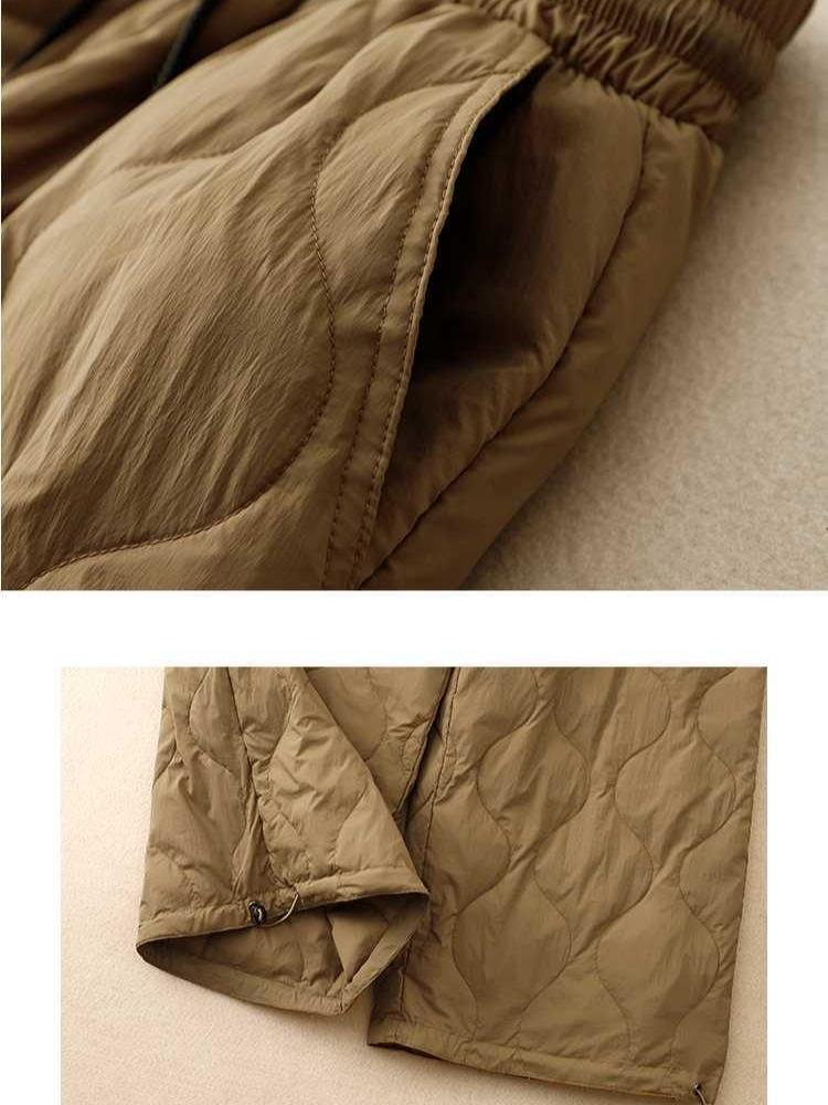 Winter New Literary Tie Elastic Waist Diamond Lattice Embossed Line Cotton Pants Female Windproof Warm Long Cotton Pants