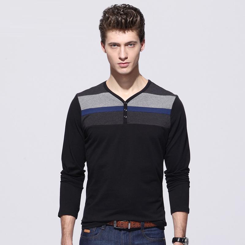 

In Stock: Men s Slim Fit Long Sleeve Cotton V-neck T-shirt - Autumn Korean Color Block Style Large чёрный