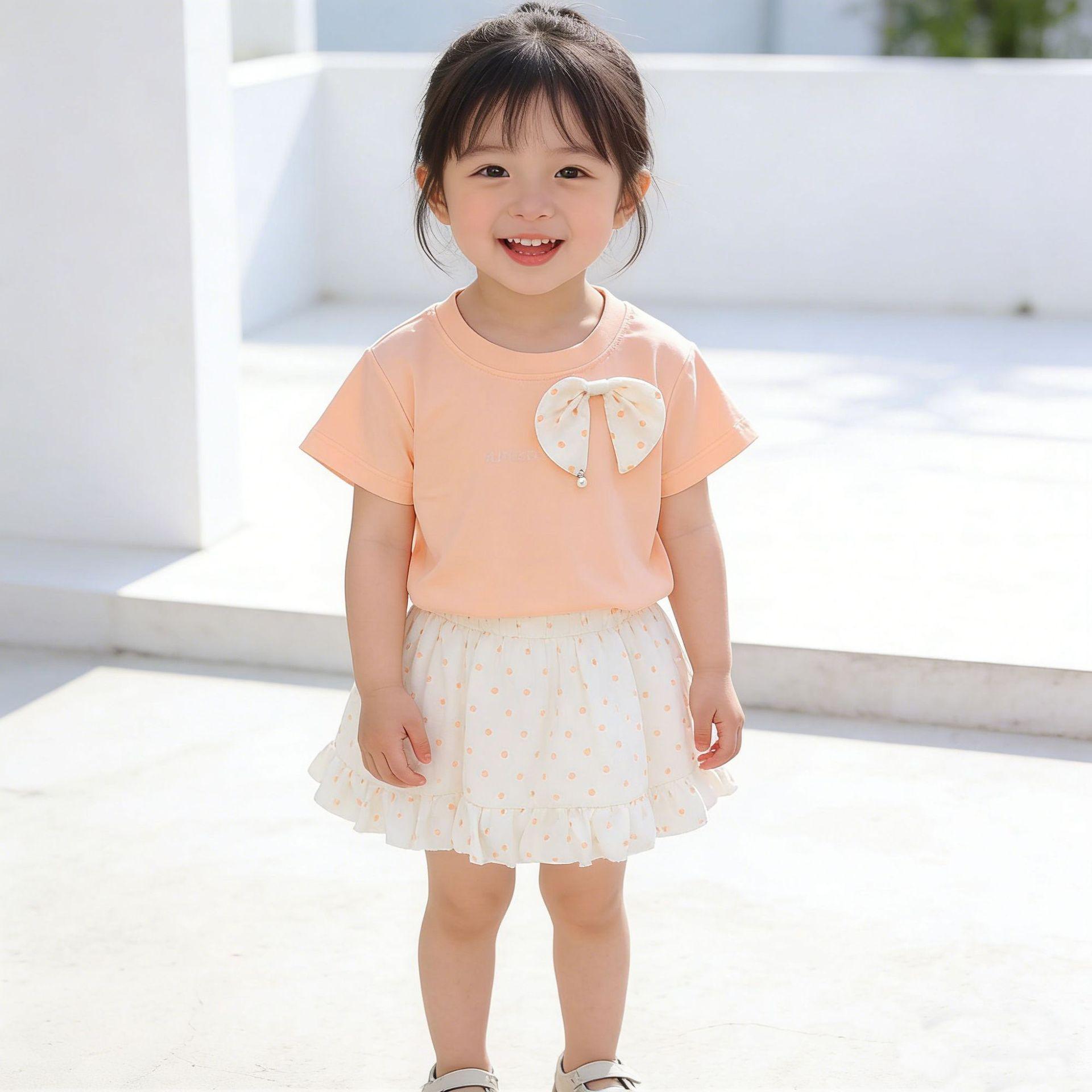 Girls Cotton Summer Short Sleeve T Shirt with Polka Dot Skirt Set 80