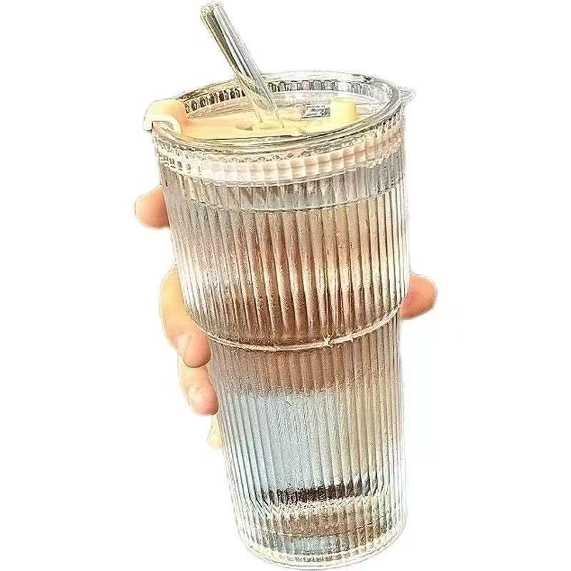 Taza Rayada con Tapa y Pajita Transparente para Café con Leche Helado