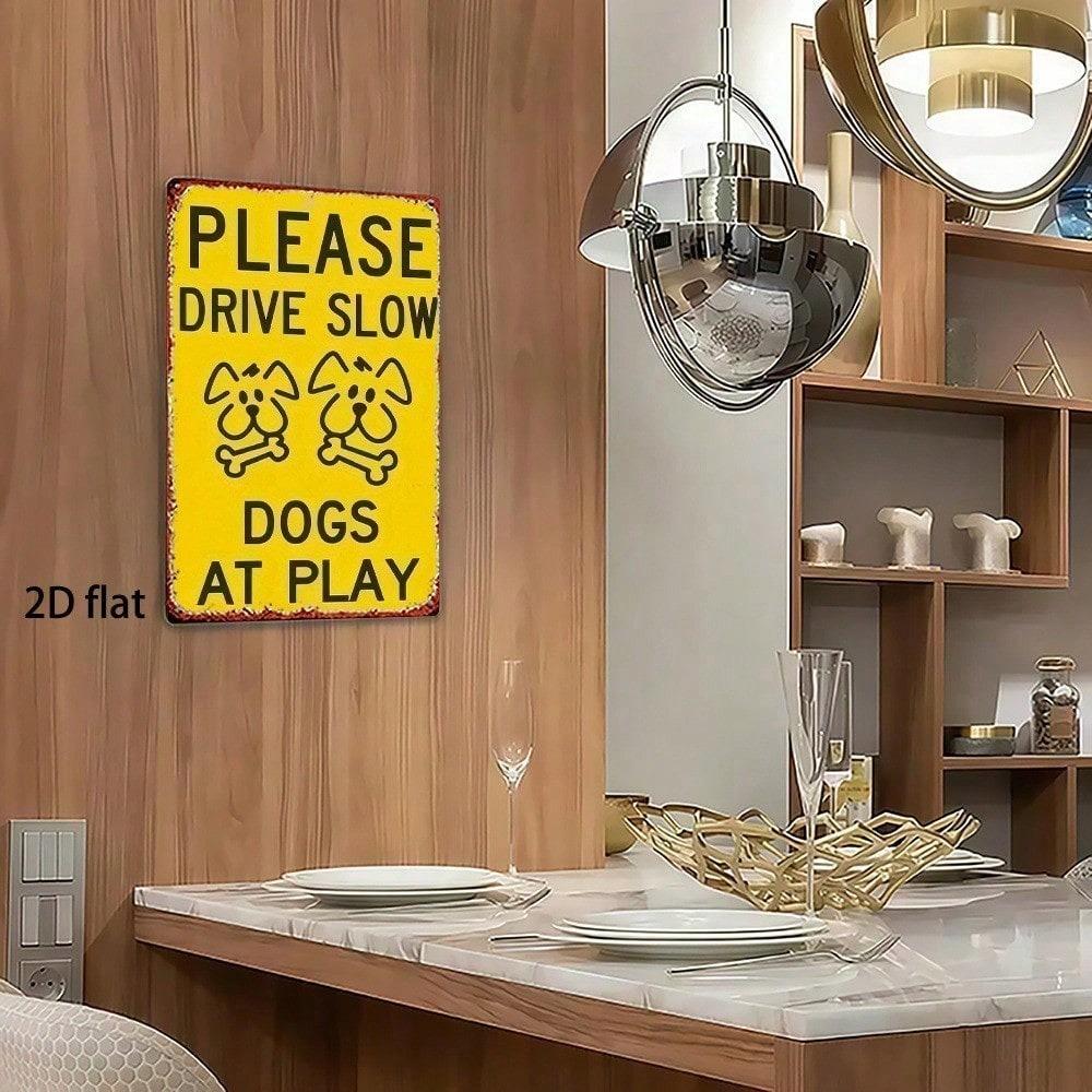 Rustic Metal Sign Please Slow Down Dog At Play Vintage Faux Iron Wall Decor 8x12 Inch for Home Garage Bar Cafe