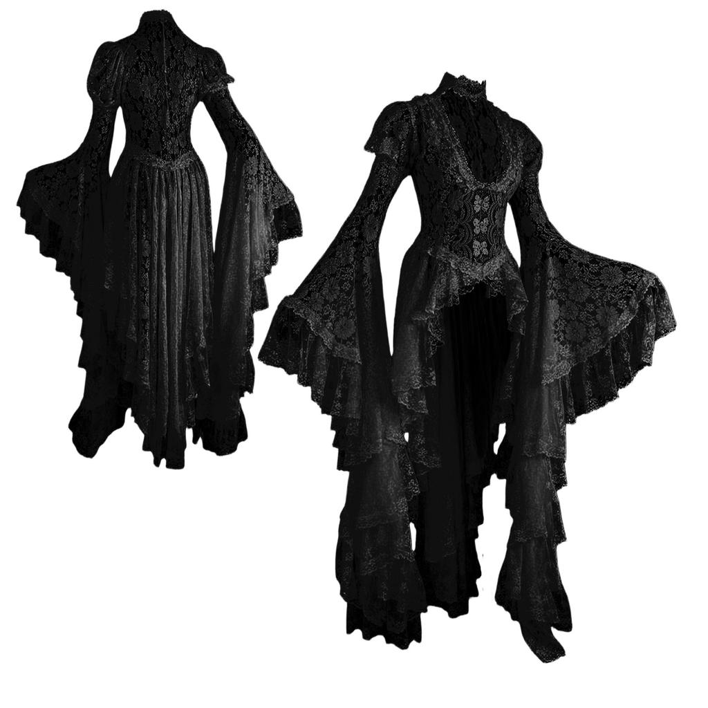 Vintage Halloween Středověký renesanční Cosplay Kostýmy Šaty Ženy Gotický Krajkový Bandáž Černé Maškarní šaty Maxi šaty Vestidos