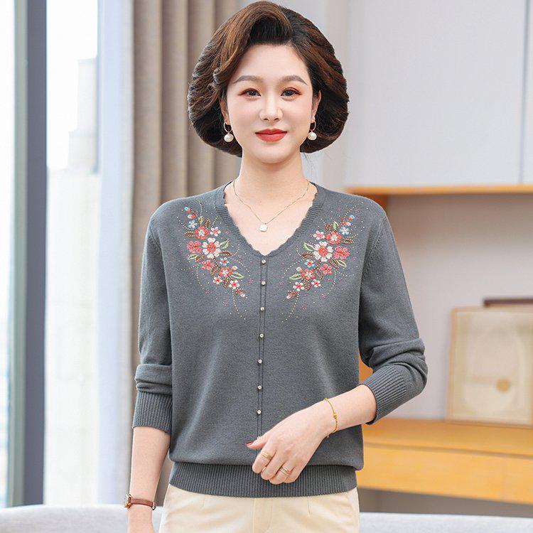 V-Neck Embroidered Knit Cardigan for Mature Women - Spring/Autumn Mother's Top
