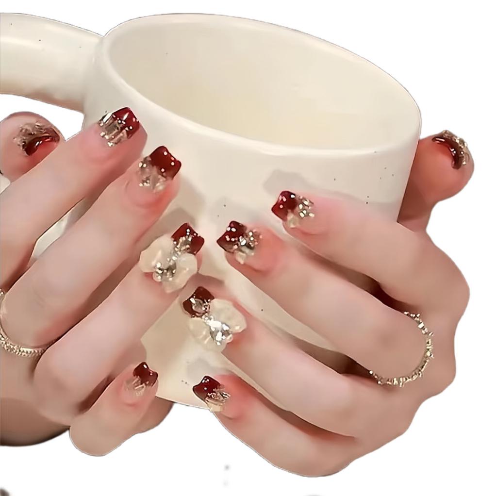 10pcs/set Purely Handmade Wear Nails French Light Therapy Manicure Wine Red Ribbon Hand-painted Butterfly False Nails