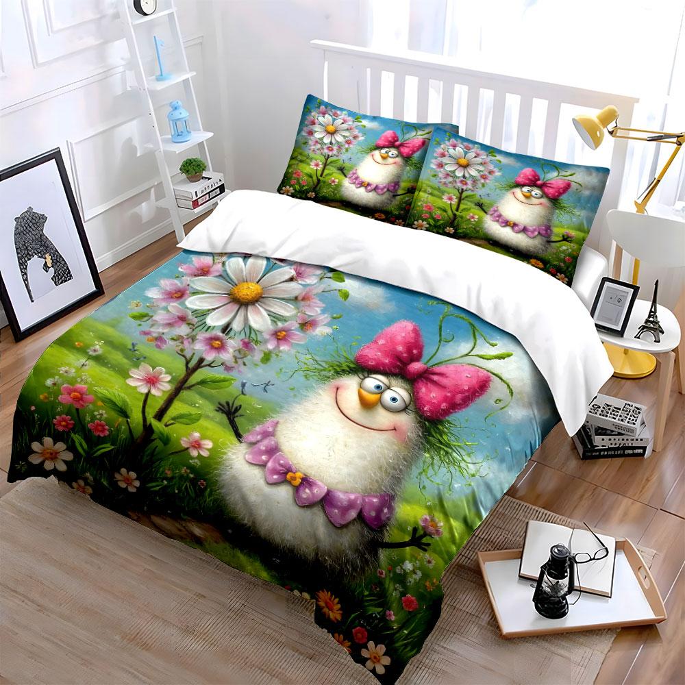 Cute Cartoon Creature With Pink Bow Printed Duvet Cover Set1 Duvet Cover+2 Pillowcasemulti Size Bedroom Bedding Decor