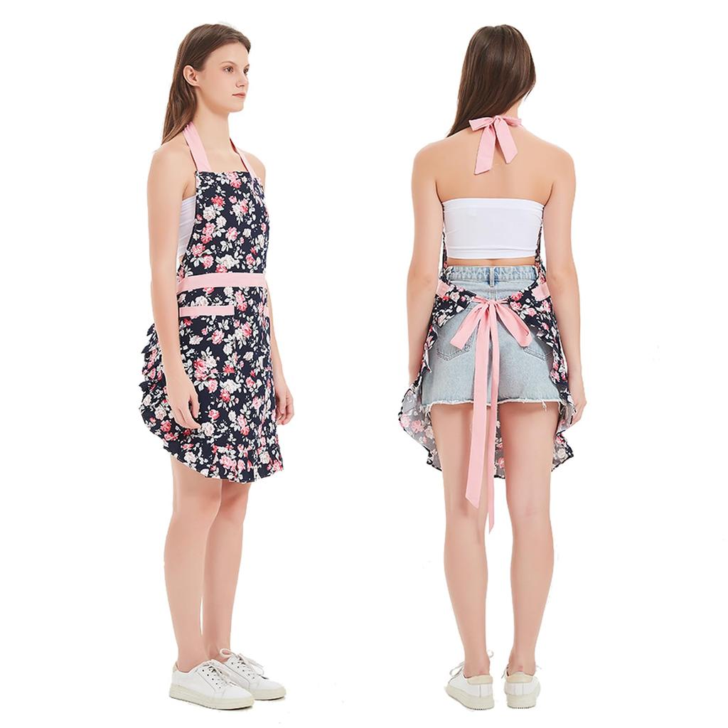 Cute Cotton Apron with Adjustable Neck Perfect for Kitchen Cooking and Home Bakery Women's Strap, (4 Flowers)