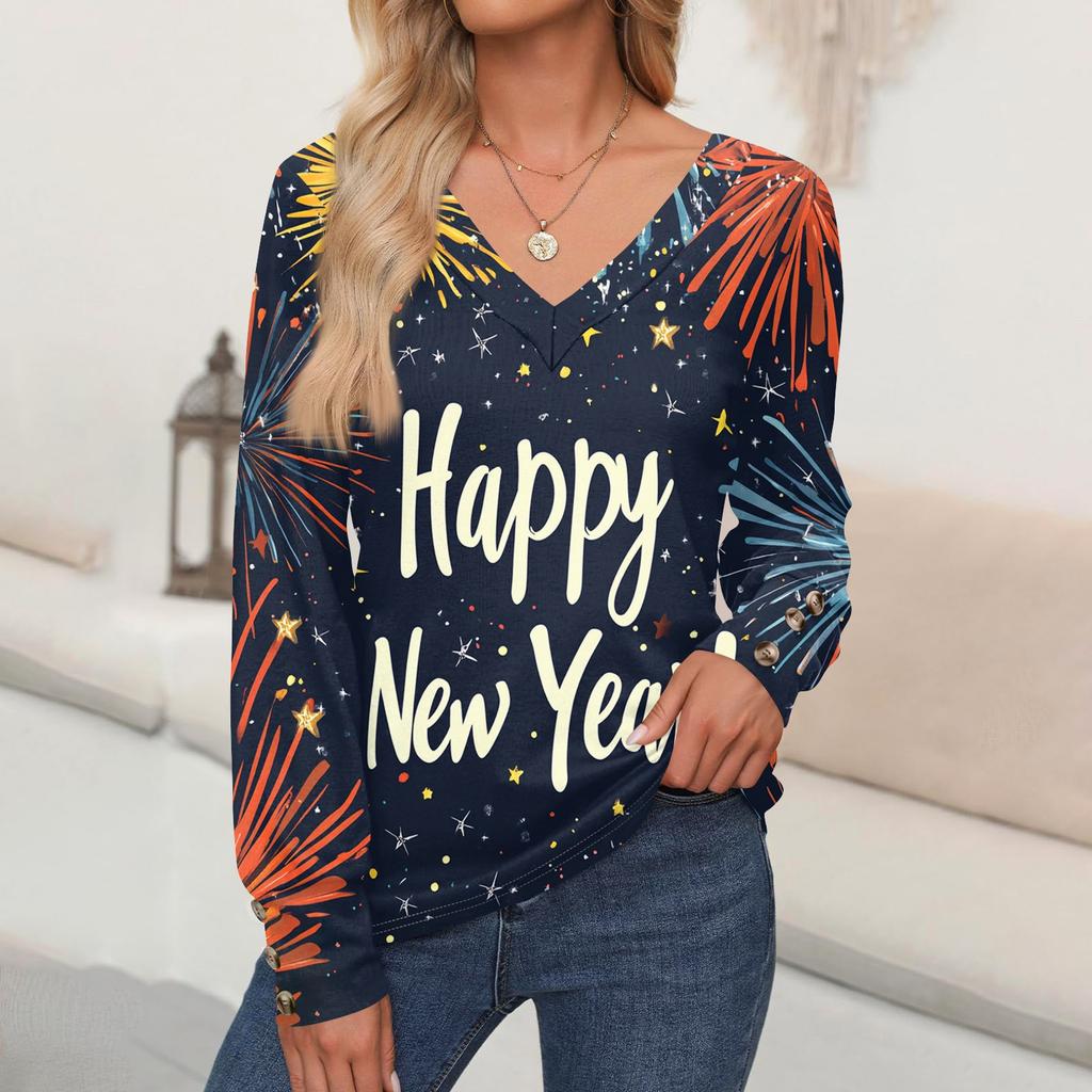 Damenmode Lässig Langarm Weihnachten Bedruckt V-Ausschnitt Pullover Top