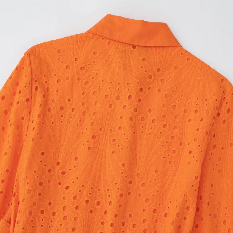 Women Vintage Three Quarter Sleeves Front Buttons Belt Green Embroidery Mini Dress