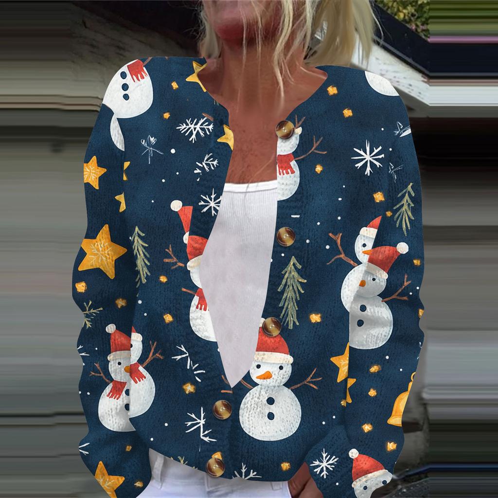 Women's Fashion Christmas Printed Long Sleeve Knitted Cardigan Button Down Jacket