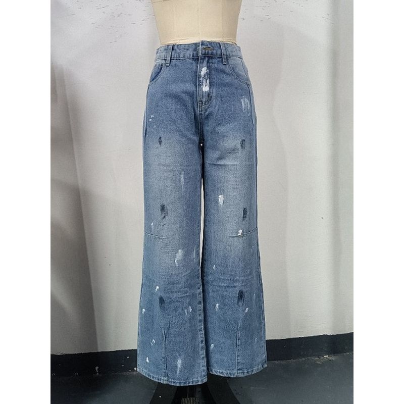 Retro Wash Straight Patchwork Street Graffiti Personality Cargo Style Design Versatile Long Jeans Women Jeans