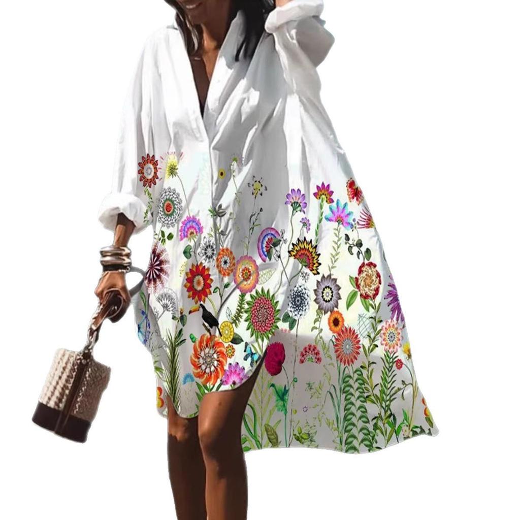 Trendy 3D Floral Print Lapel Long Sleeve Dress