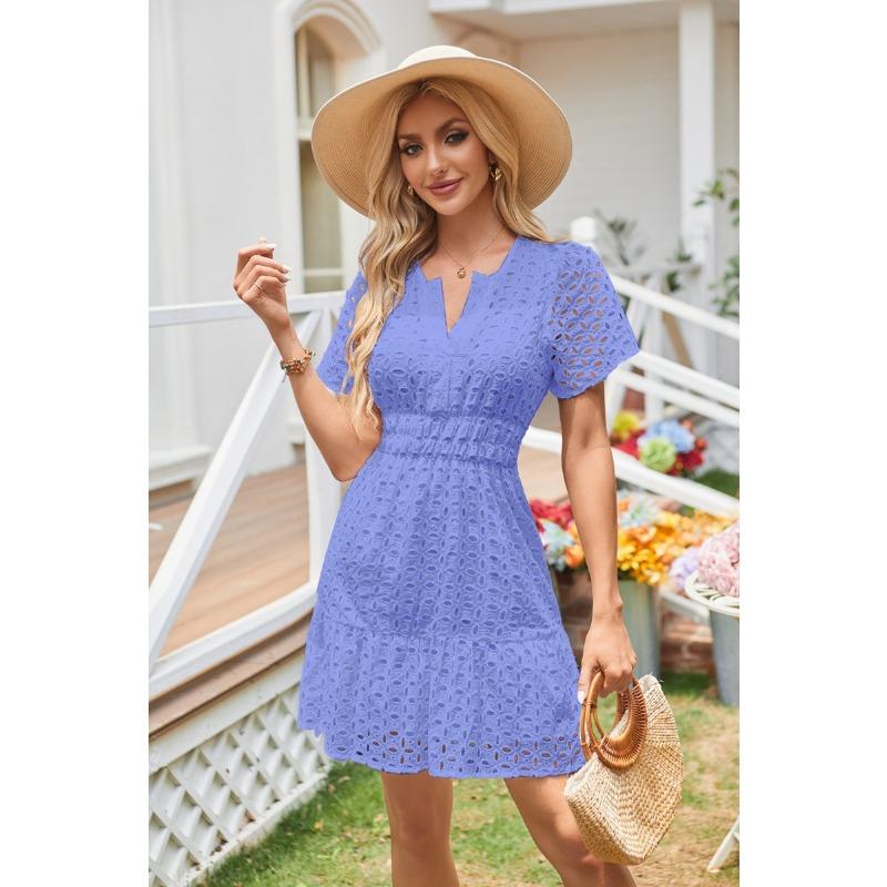 Female V-neck Hollow Lace Pleated Short Sleeved Dress