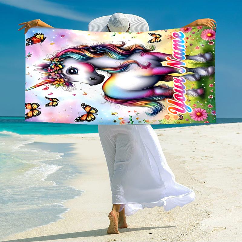 1PC Custom Name Fantasy Unicorn Garden Beach Towel Highly Absorbent And Sand-Resistant Towel for Swimming, Pool, Yoga, And Travel Lightweight