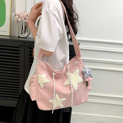2024 New Women Handbag Star Female Student Large Capacity Commuting Tote Corduroy Shoulder Crossbody Bag