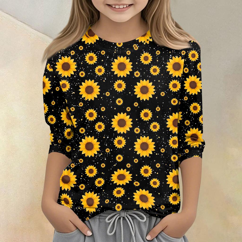Children's Printed Round Neck Seven Quarter Sleeve Casual T-shirt