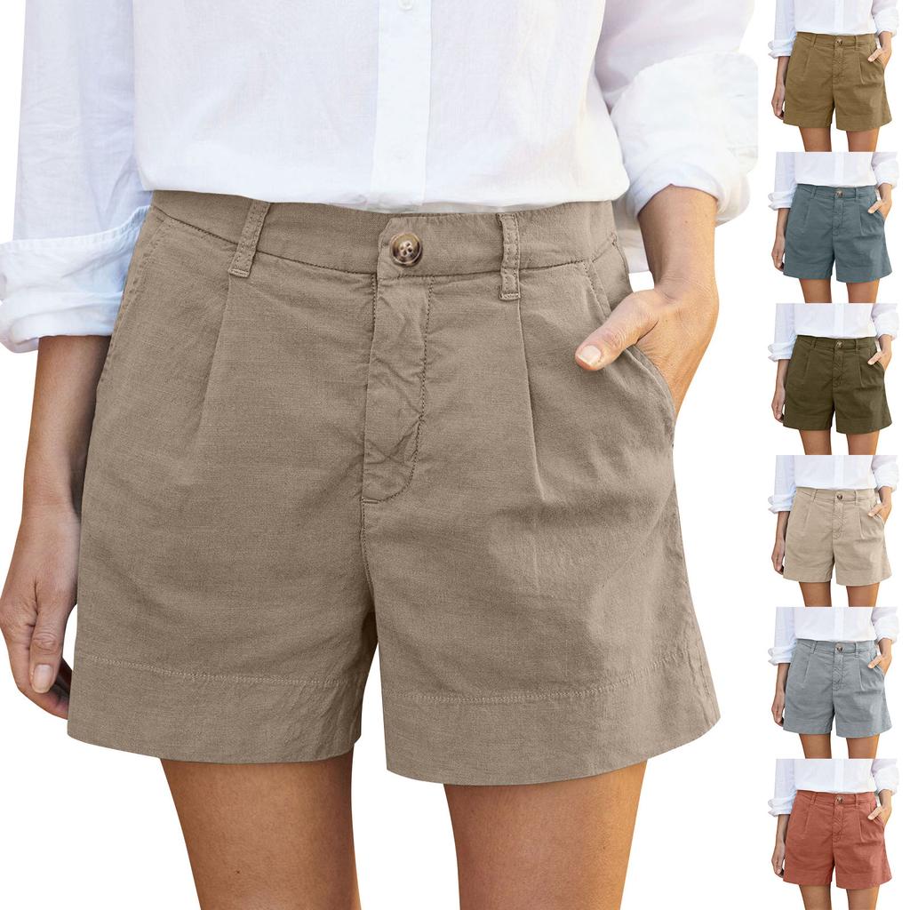Women's Soft Cotton Linen Shorts Pockets Soft  Button Closure No Zipper Slim Fit Shorts