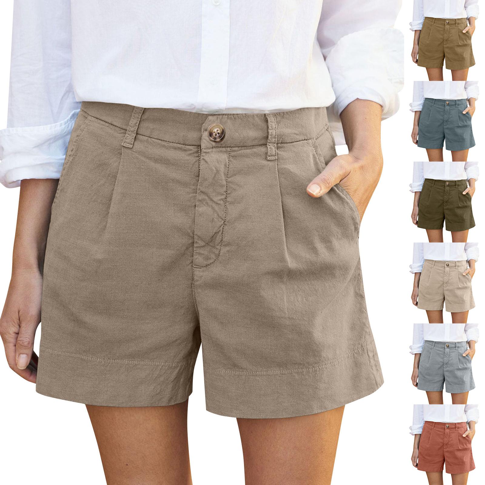 

Women s Soft Cotton Linen Shorts Pockets Soft Button Closure No Zipper Slim Fit Shorts XL небо синє кольору