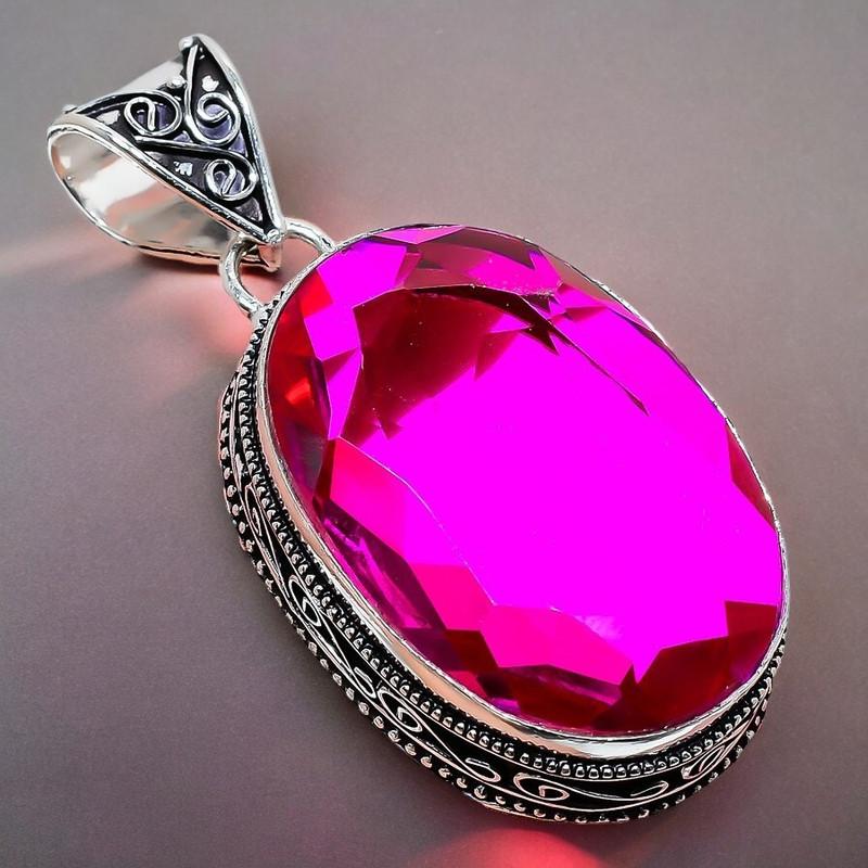 Pink Rubillite Gemstone Handmade 925 Sterling Silver Jewelry Pendant 2.17" AH-839