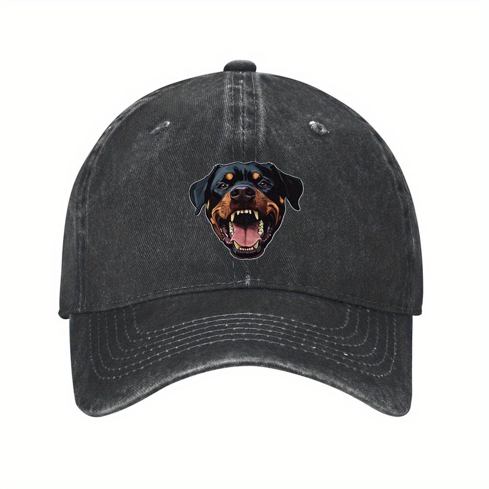 1pc Rottweiler Dog Head Baseball Cap - Fierce Open-Mouth Graphic, 100% Denim, Adjustable Vintage Washed