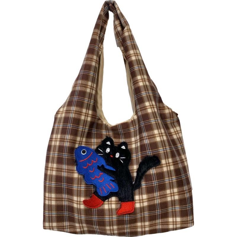 Cute cartoon embroidered tote bag large capacity Korean version plaid student shoulder bag casual going out portable shopping bag