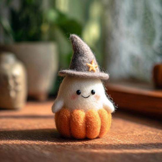Handmade Felt Halloween Ghost Pumpkin with Wizard Hat Wool Felted Ghost Ornament for Halloween Home Shelf Desk Decor