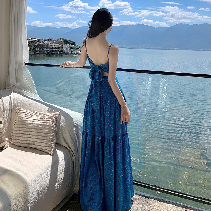 Backless Suspender Skirt Women's Floral Shoulder Dress Seaside Vacation Beach Skirt Waist Long Dress