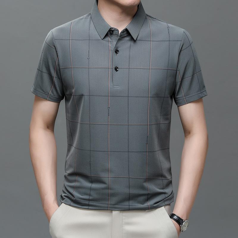 Printed Breathable Short-Sleeved T-Shirt Medium Blue Lapel Men'S Polo Shirt