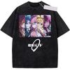 Summer Vintage Casual Basic Crew Neck Black Washed Short Sleeve T-Shirt With Anime Bocchi The Rock Manga Ryo Print T-shirt