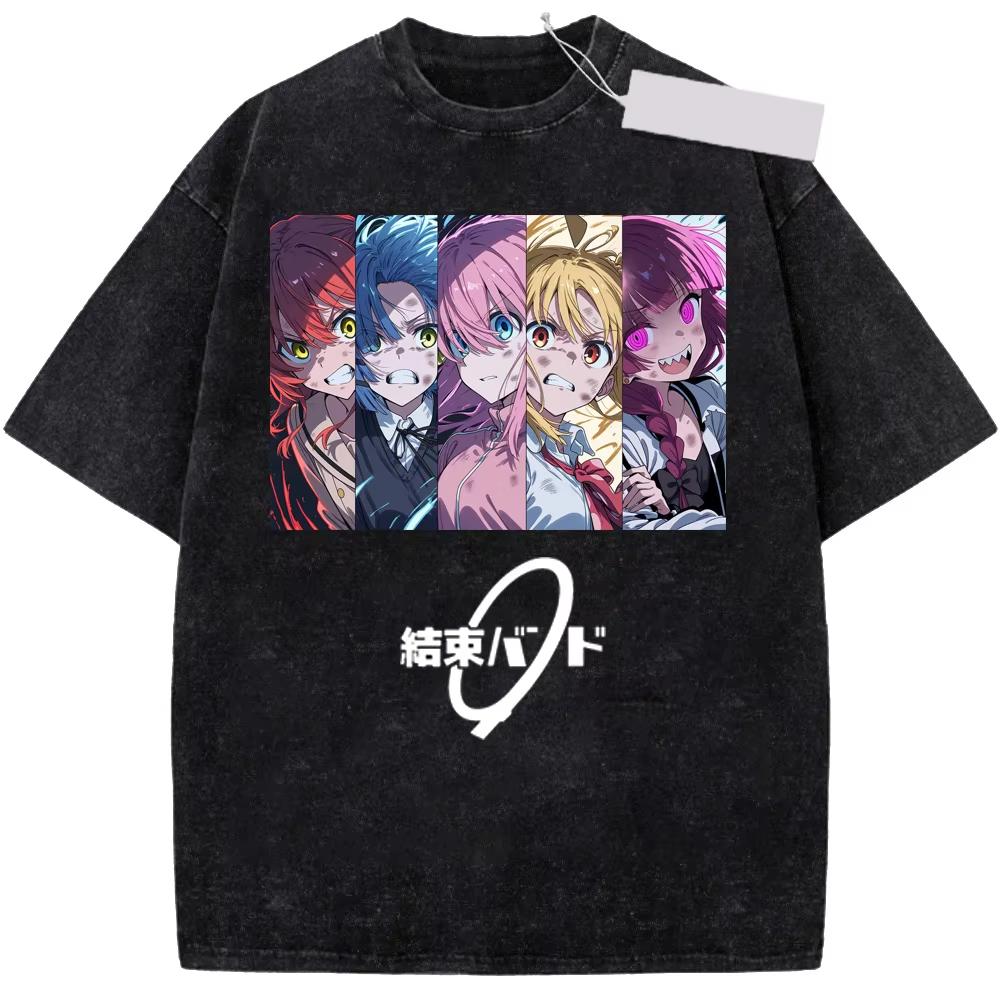 Summer Vintage Casual Basic Crew Neck Black Washed Short Sleeve T-Shirt With Anime Bocchi The Rock Manga Ryo Print T-shirt
