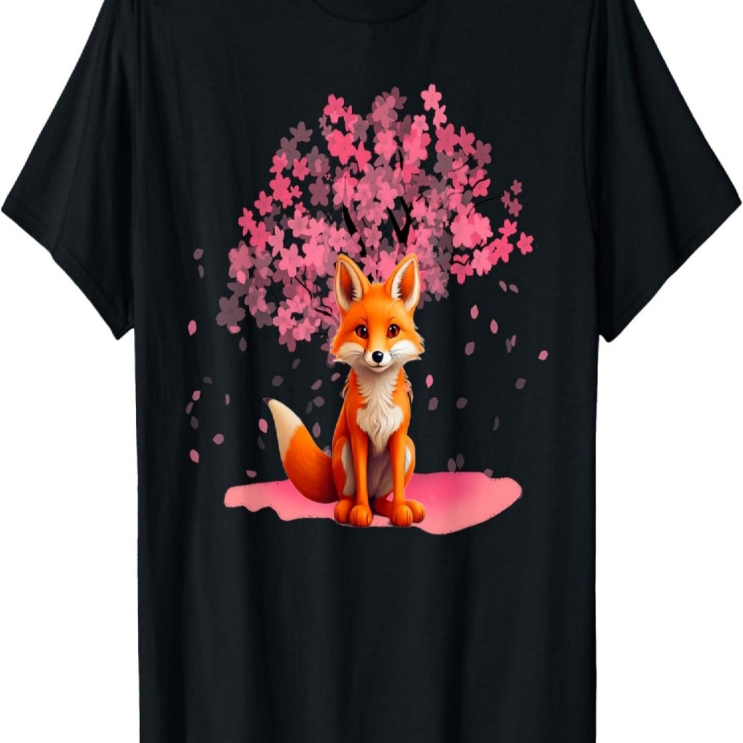 Лиса с цветами сакуры, сидящая на вишневом дереве, футболка с лисой S чёрный