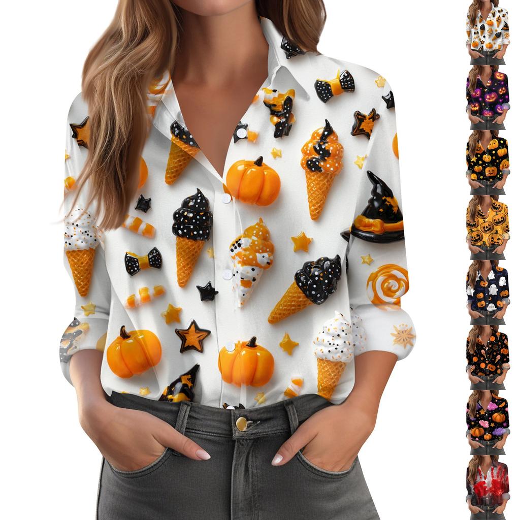 Women's Halloween Printed Casual Half-Open Collar Long Sleeve Shirt