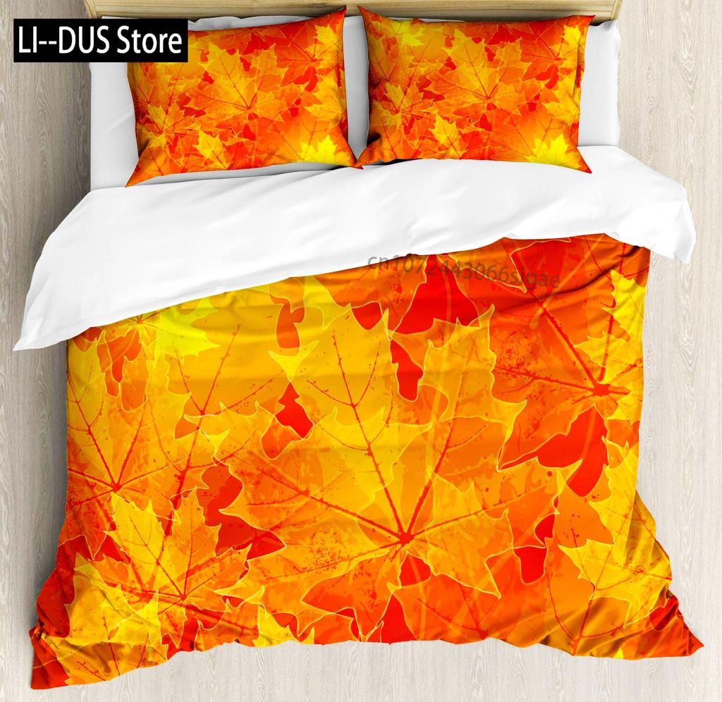 Autumn Pumpkin Duvet Cover Full Size 3 Pcs Watercolor Orange Maple Leaves Bedding Set For Kids Teens Adults With 2 Pillowcases