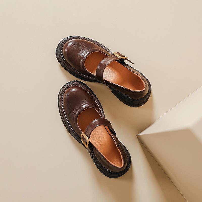 Thick-soled JK small leather shoes round head one-word buckle belt retro British style spring and summer new Mary Jane shallow mouth single shoes wome