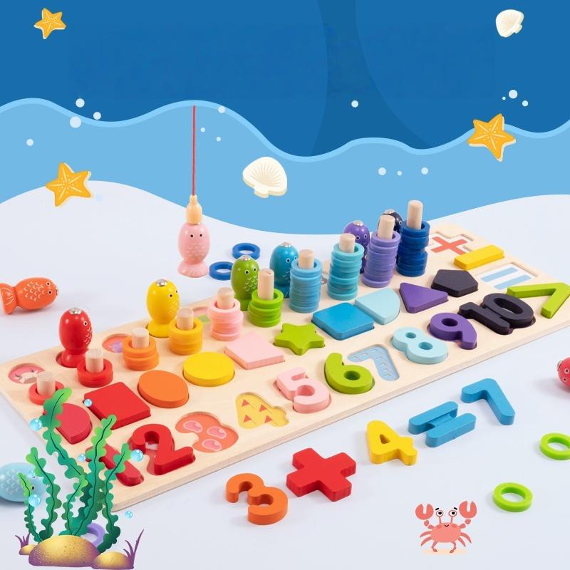 Montessori Educational Wooden Toys Preschool Children Busy Board Count Shape Colors Match Fishing Puzzle Learning Toys Gifts