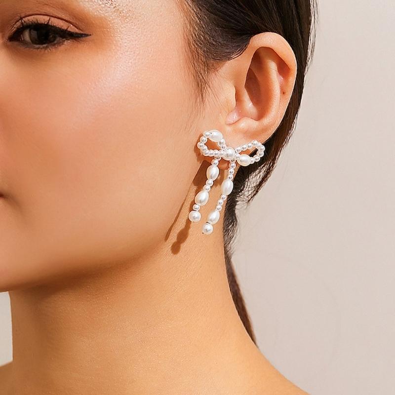 1 Paar Modische Schleifenohrstecker Eleganter Ohrschmuck Imitation Perlen Schleifenstecker Ohrringe Perfektes Geschenk für Frauen